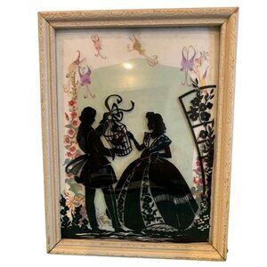 Vintage Reverse Painted Silhouette Convex Glass Wall Art 7x9" Elegant Floral Fra